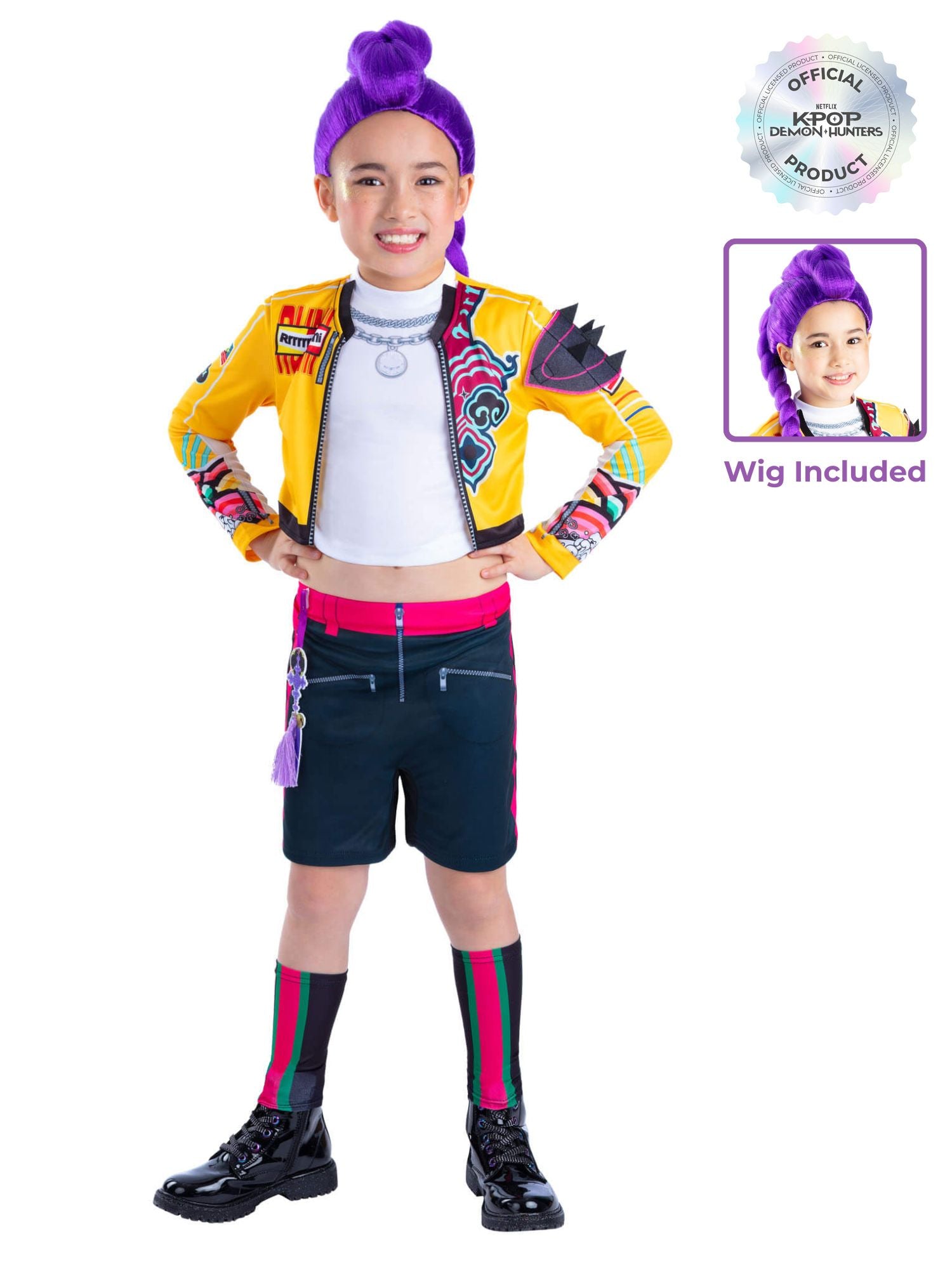 KPop Rumi Demon Hunters Kids Costume and Wig Bundle