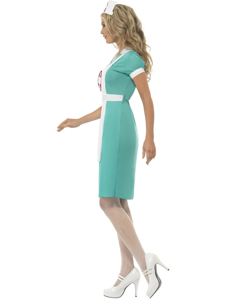 Scrub Nurse Costume Adult Green Dress Mock Apron Headpiece