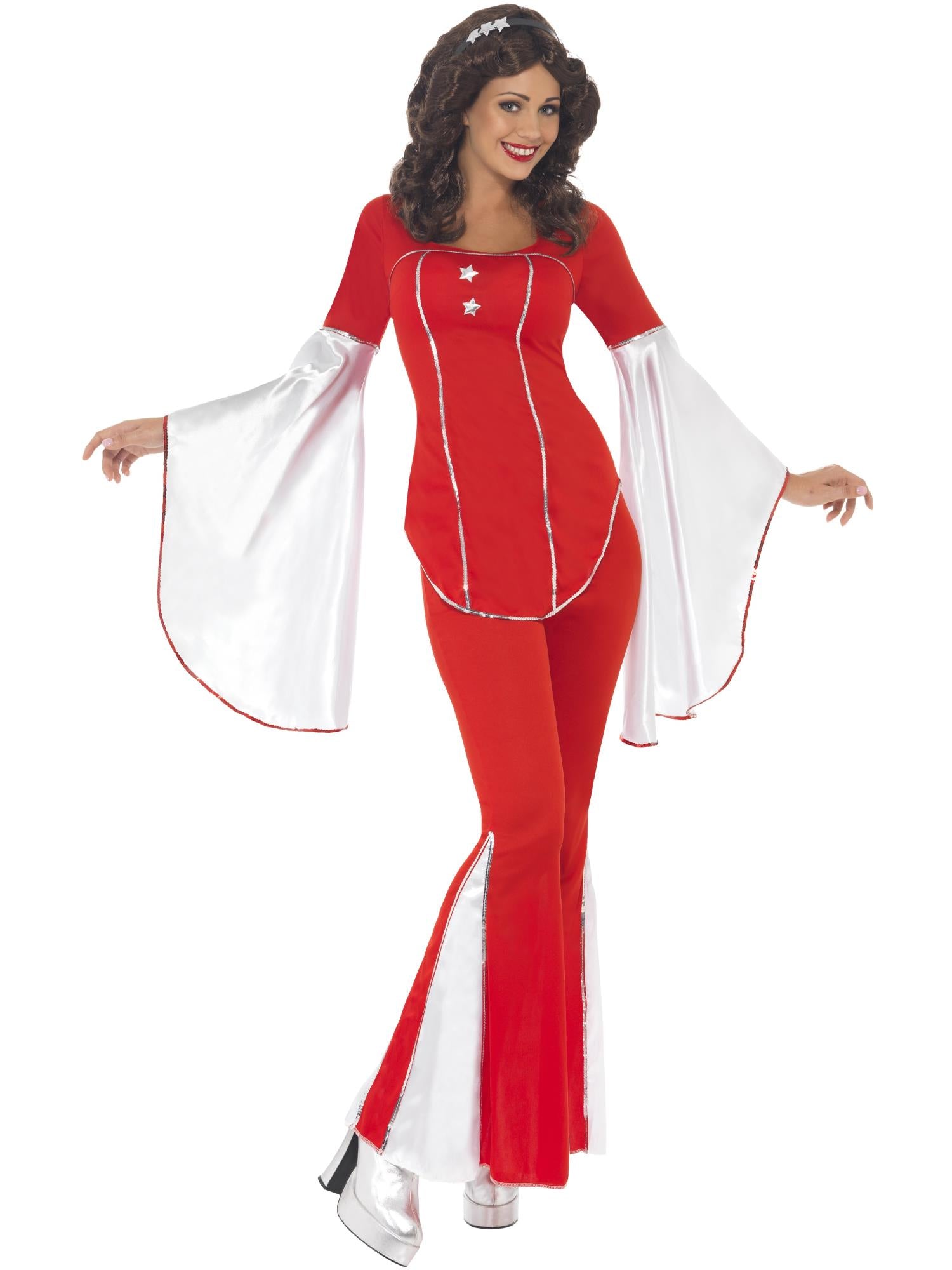 ladies 70s fancy dress Smiffys Sexy Retro 70s Disco Pink Jumpsuit, Adult Diva Halloween Costume