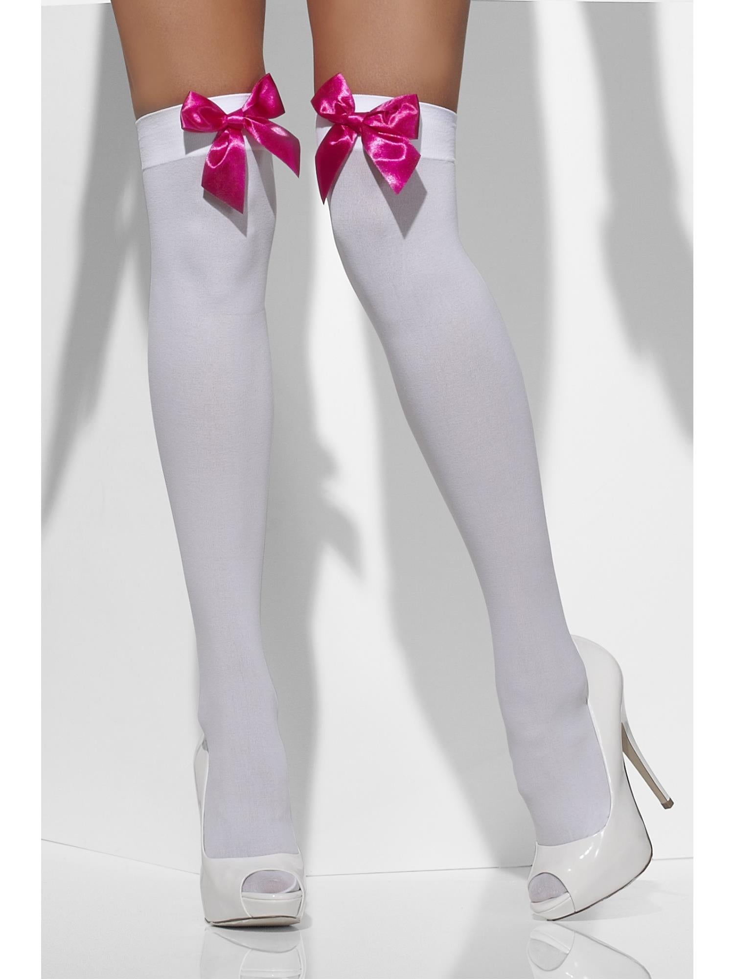 Opaque Hold-Ups, White, with Fuchsia Bows