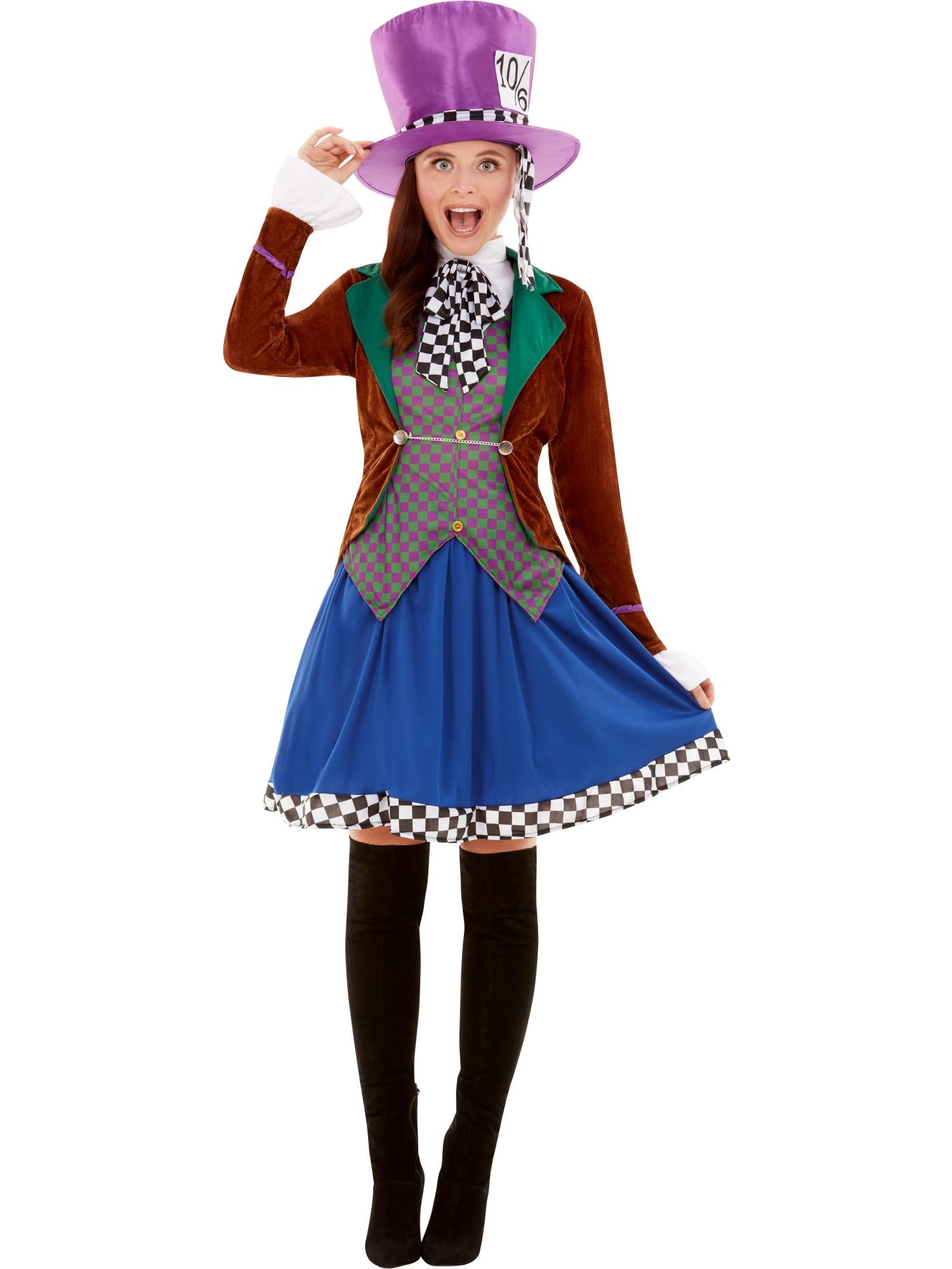 Deluxe Little Miss Hatter Costume Dress Attached Waistcoat Cravat Top Hat main image 0