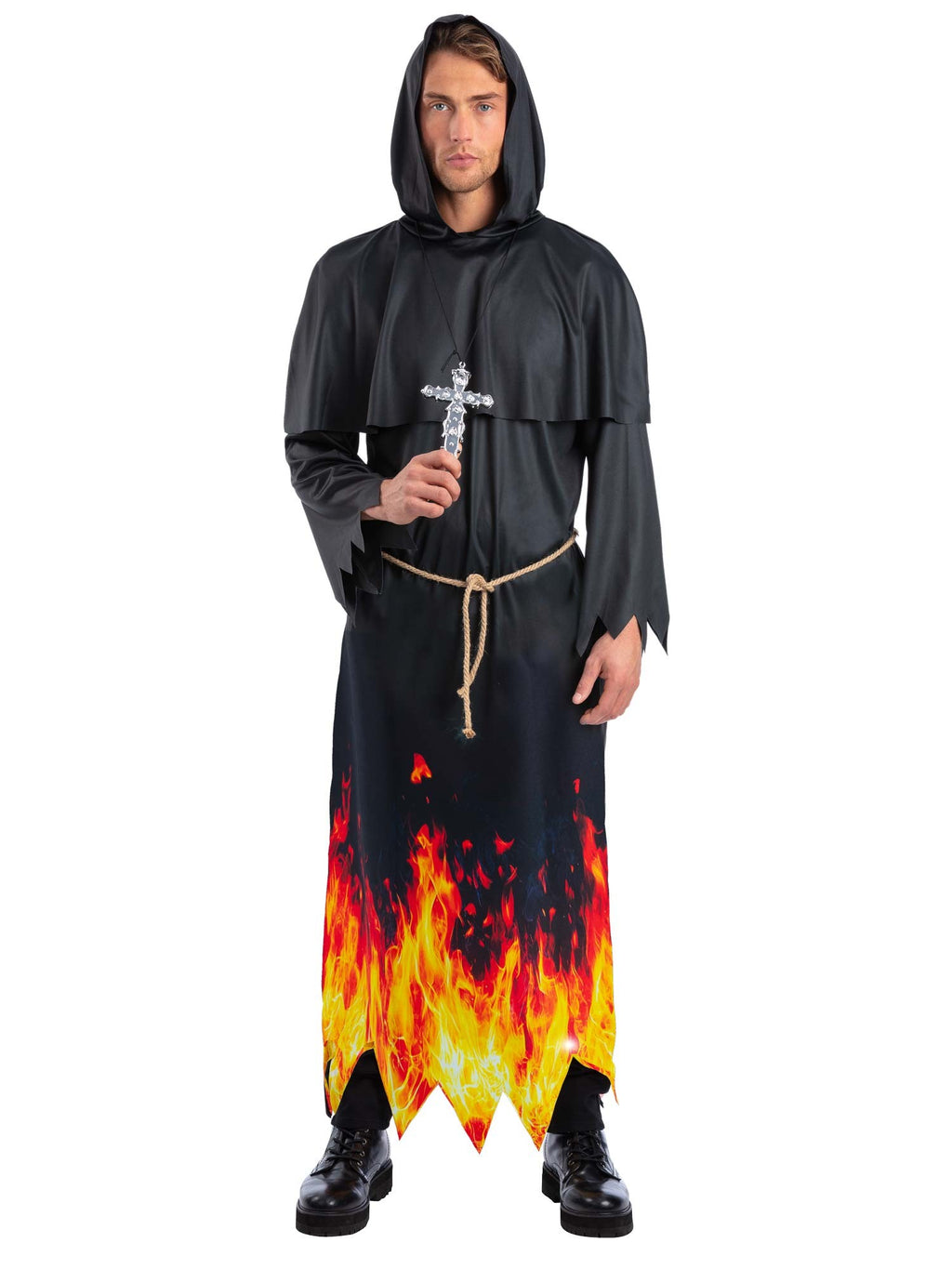 Fire Priestess Robe Burning Priest Costume with Hooded Robe, Cross & Belt – Smiffys
