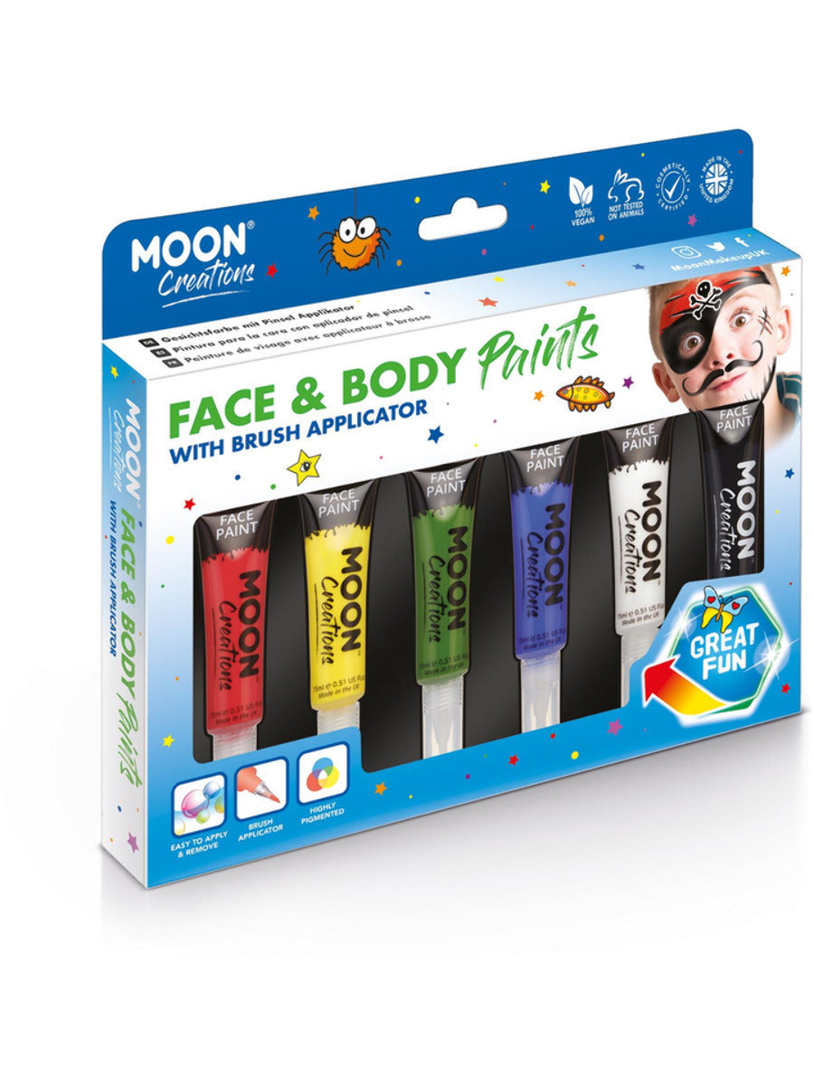 Moon Creations Face & Body Paints, Assorted, with Brush Applicator, 15ml Boxset Primary