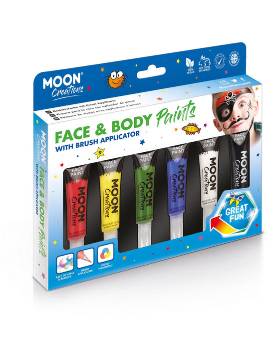 Moon Creations Face & Body Paints, Assorted, with Brush Applicator, 15ml Boxset Primary