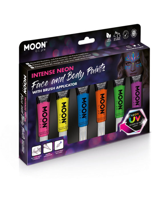 Moon Glow Intense Neon UV Face Paint, Assorted, Boxset, with Brush Applicator, 15ml