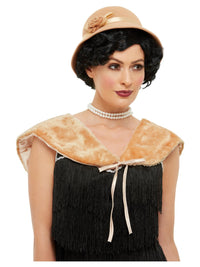 woman wearing 1920s fur stole and hat in light brown