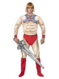 Man wearing muscle effect He Man Costume and holding a sword