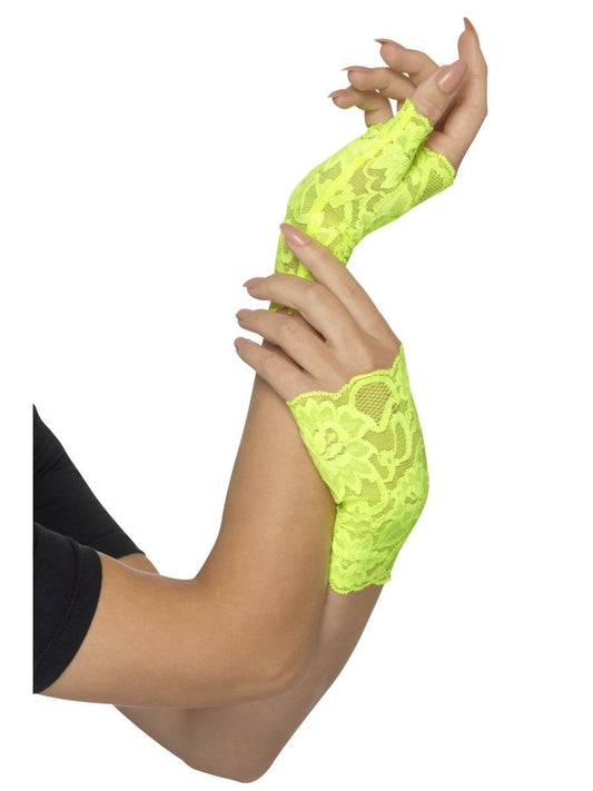80s Fingerless Lace Gloves, Neon Green