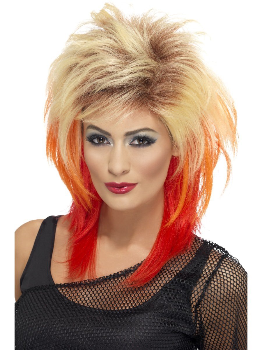 80s Mullet Wig, Blonde with Red Streaks