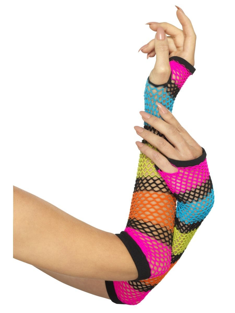 Fishnet Gloves, Long, Neon, with Black Stripe