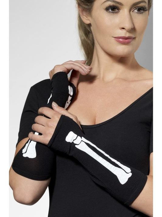 Gloves, Black, Fingerless with Skeleton Print