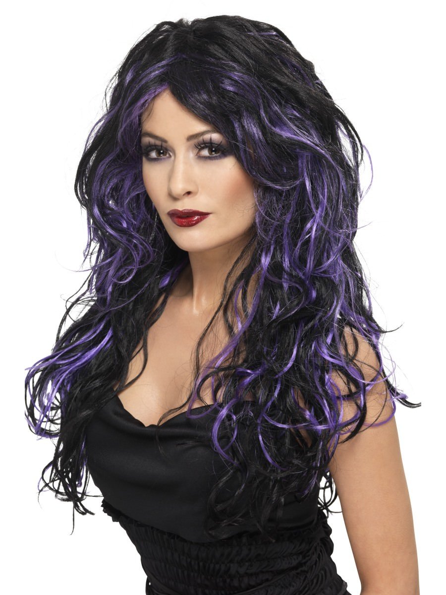 Gothic Bride Wig, Purple, Long, Streaked