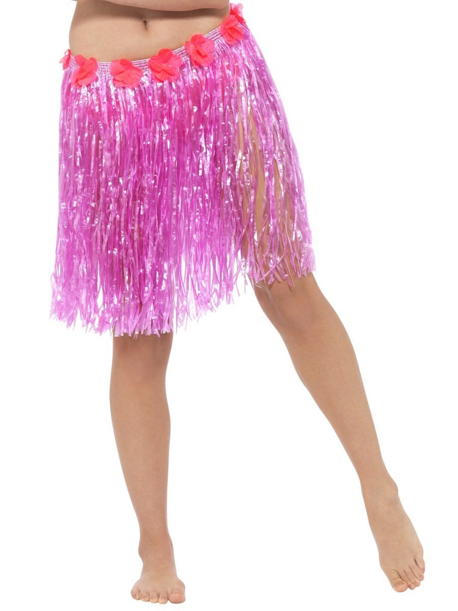 Hawaiian Hula Skirt with Flowers, Neon Pink