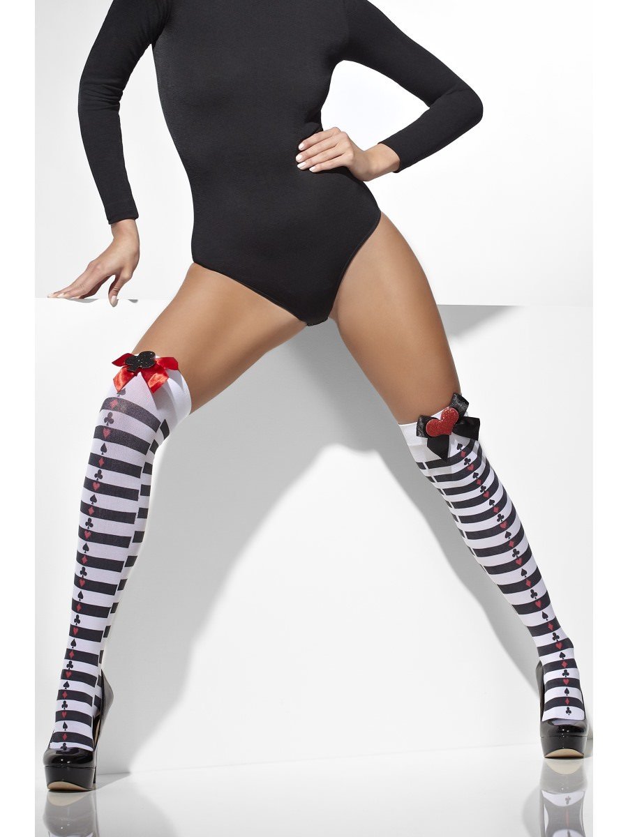 Opaque Hold-Ups, Black & White, Striped with Red Bows Alternative View 1.jpg