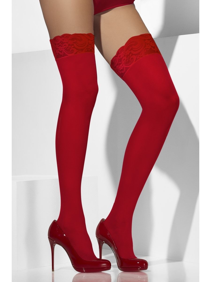 Sheer Hold-Ups, Red, Lace Tops
